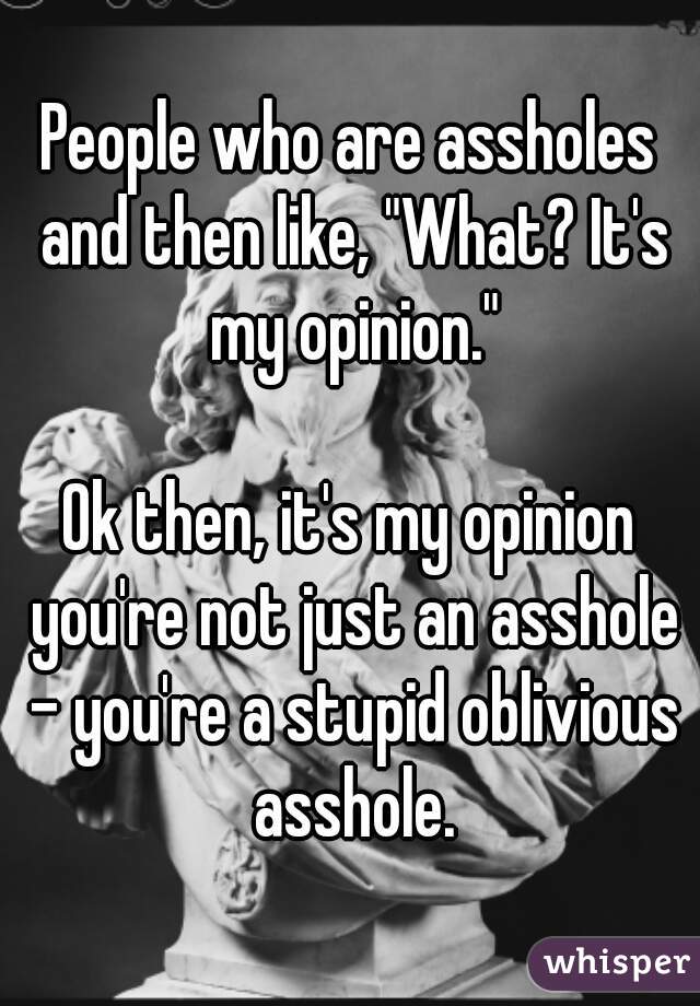 People who are assholes and then like, "What? It's my opinion."

Ok then, it's my opinion you're not just an asshole - you're a stupid oblivious asshole.