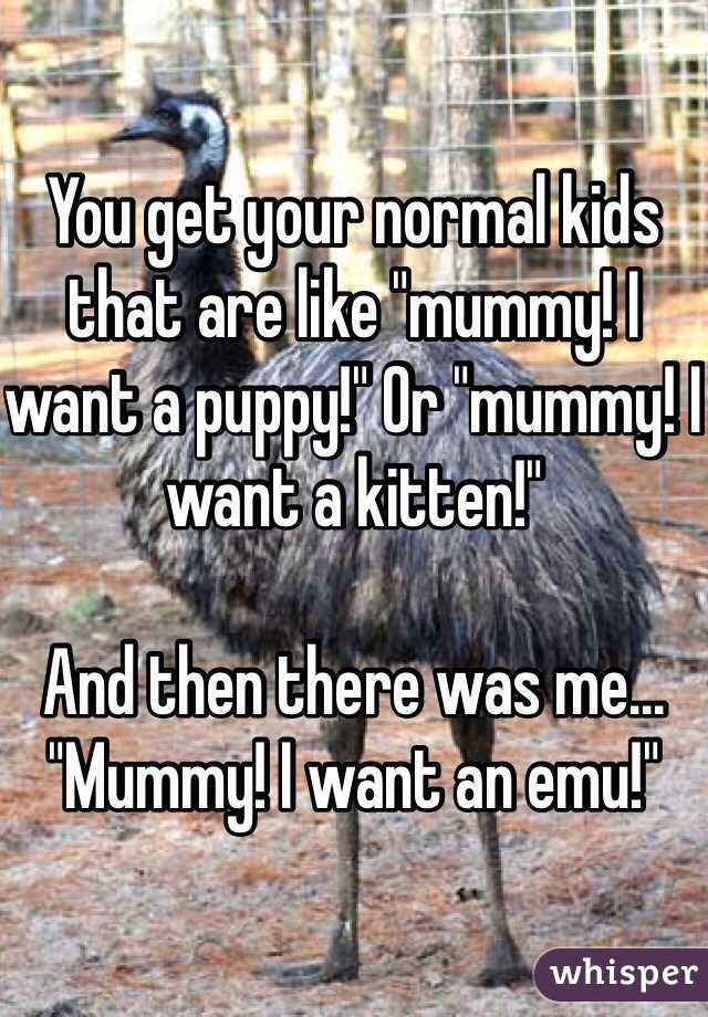 You get your normal kids that are like "mummy! I want a puppy!" Or "mummy! I want a kitten!" 

And then there was me...
"Mummy! I want an emu!"