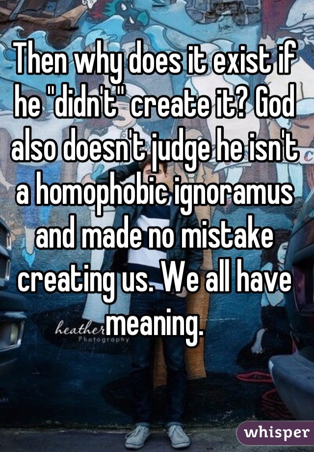 Then why does it exist if he "didn't" create it? God also doesn't judge he isn't a homophobic ignoramus and made no mistake creating us. We all have meaning.