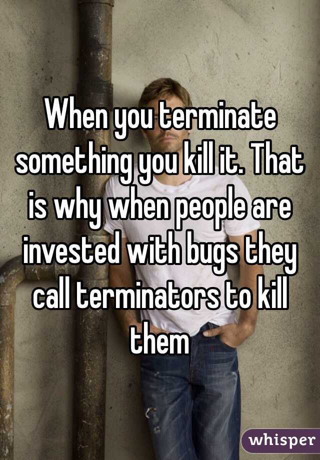 When you terminate something you kill it. That is why when people are invested with bugs they call terminators to kill them