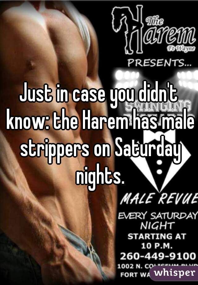 Just in case you didn't know: the Harem has male strippers on Saturday nights.