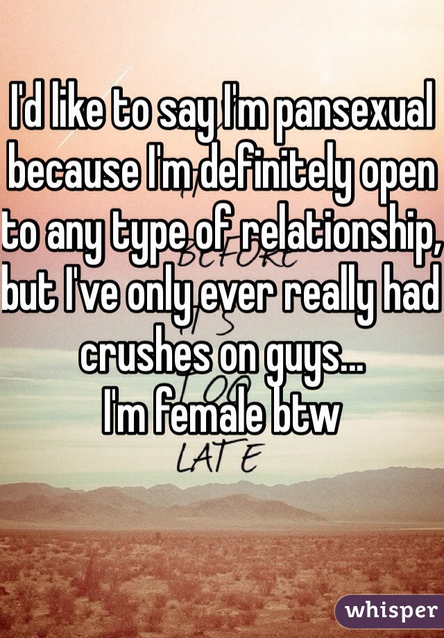 I'd like to say I'm pansexual because I'm definitely open to any type of relationship, but I've only ever really had crushes on guys...
I'm female btw