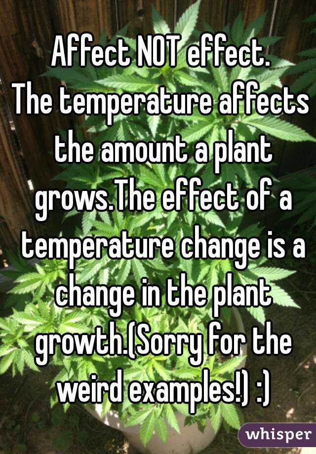 Affect NOT effect.
The temperature affects the amount a plant grows.The effect of a temperature change is a change in the plant growth.(Sorry for the weird examples!) :)