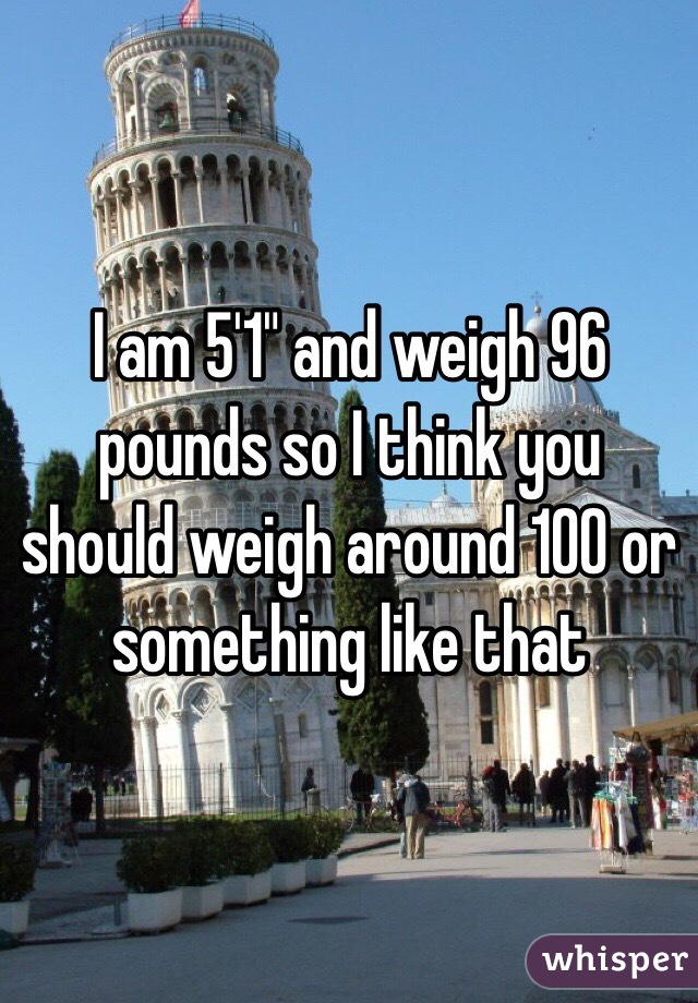 I am 5'1" and weigh 96 pounds so I think you should weigh around 100 or something like that 
