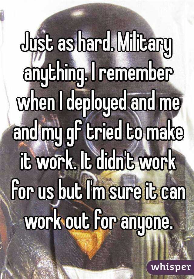 Just as hard. Military anything. I remember when I deployed and me and my gf tried to make it work. It didn't work for us but I'm sure it can work out for anyone.