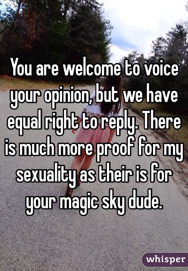 You are welcome to voice your opinion, but we have equal right to reply. There is much more proof for my sexuality as their is for your magic sky dude. 