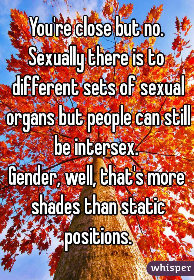 You're close but no.
Sexually there is to different sets of sexual organs but people can still be intersex. 
Gender, well, that's more shades than static positions.