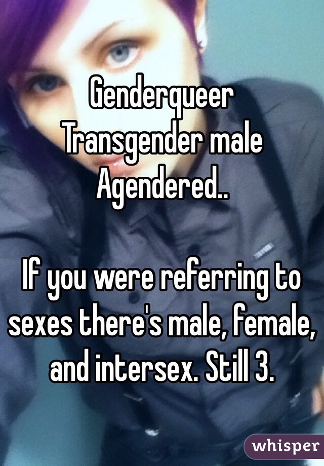 Genderqueer
Transgender male
Agendered..

If you were referring to sexes there's male, female, and intersex. Still 3.
