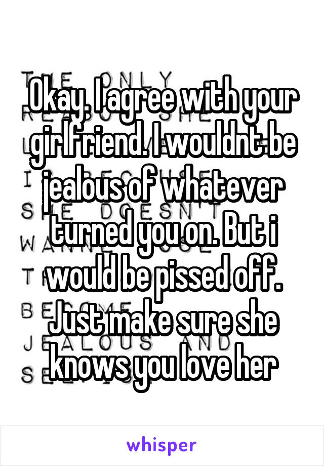 Okay. I agree with your girlfriend. I wouldnt be jealous of whatever turned you on. But i would be pissed off. Just make sure she knows you love her