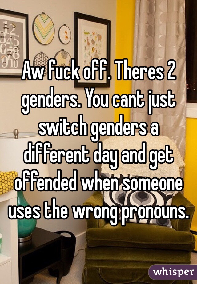 Aw fuck off. Theres 2 genders. You cant just switch genders a different day and get offended when someone uses the wrong pronouns.