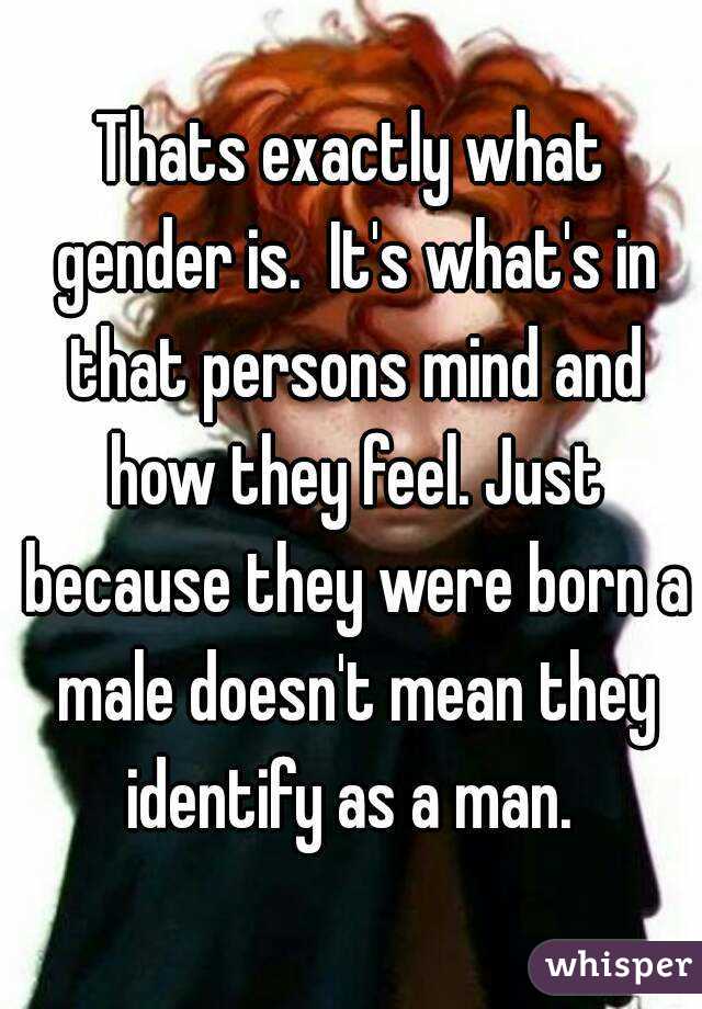 Thats exactly what gender is.  It's what's in that persons mind and how they feel. Just because they were born a male doesn't mean they identify as a man. 