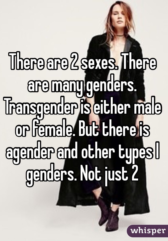 There are 2 sexes. There are many genders. Transgender is either male or female. But there is agender and other types I genders. Not just 2