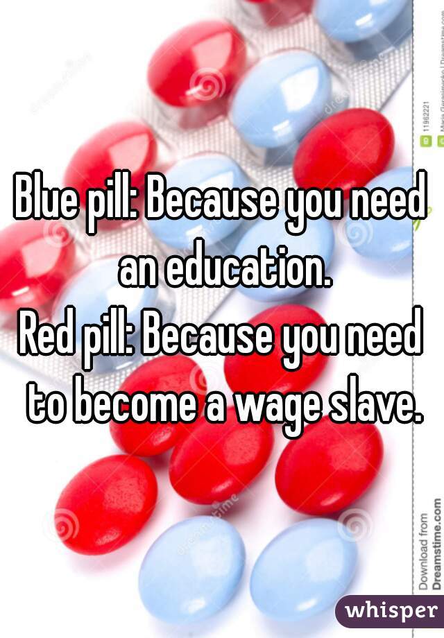 Blue pill: Because you need an education.
Red pill: Because you need to become a wage slave.