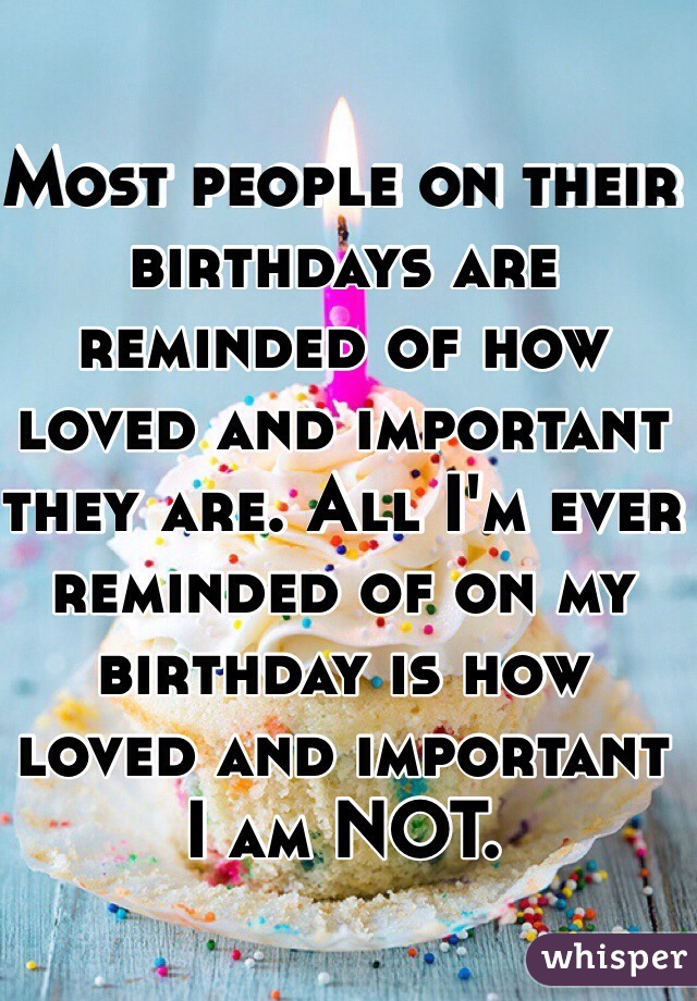 Most people on their birthdays are reminded of how loved and important they are. All I'm ever reminded of on my birthday is how loved and important I am NOT. 
