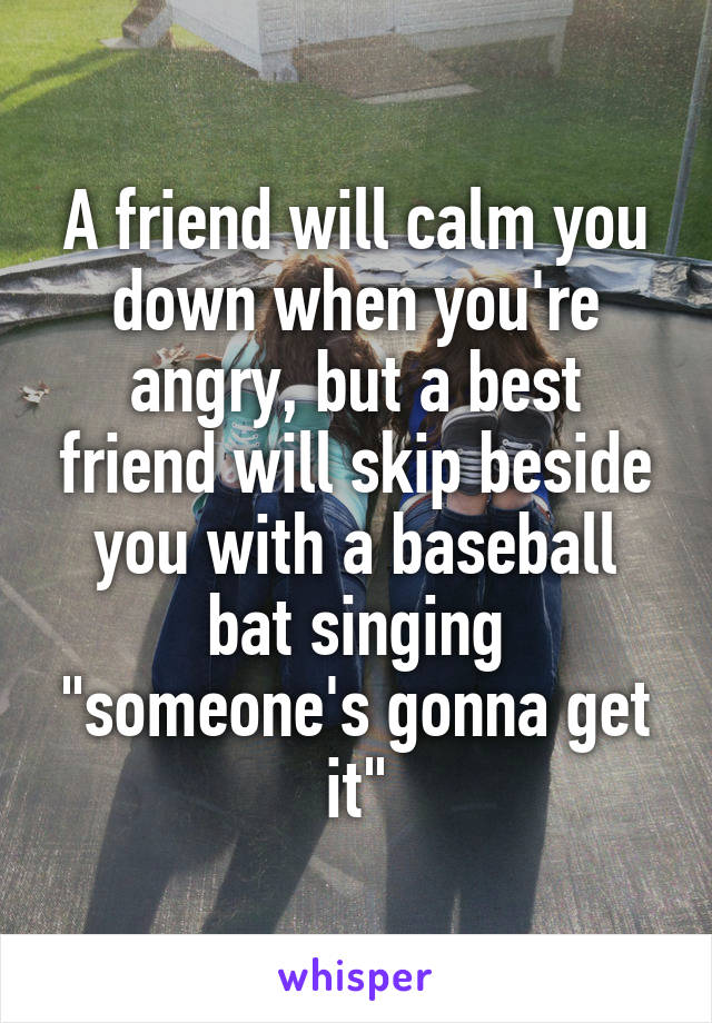 A friend will calm you down when you're angry, but a best friend will skip beside you with a baseball bat singing "someone's gonna get it"