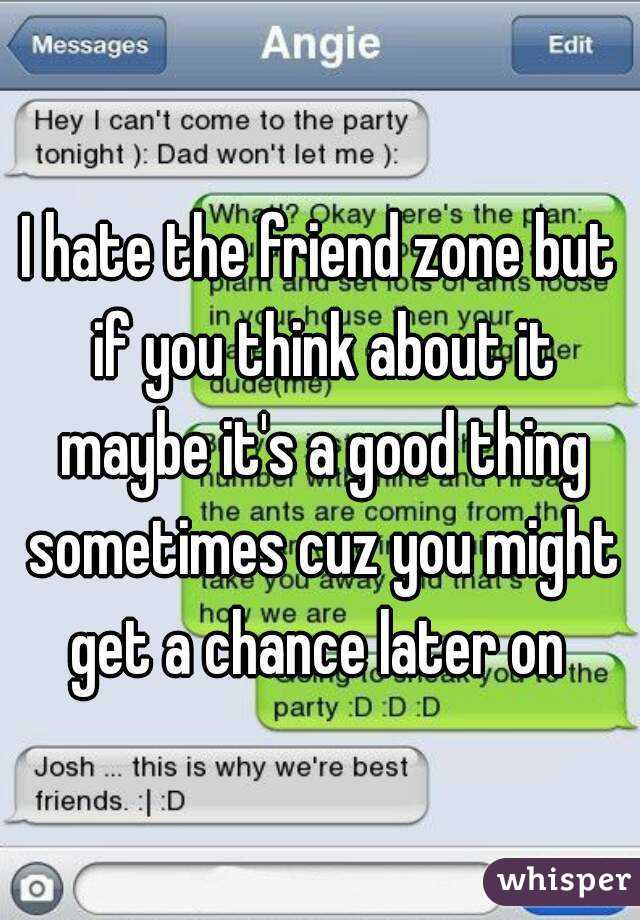 I hate the friend zone but if you think about it maybe it's a good thing sometimes cuz you might get a chance later on 