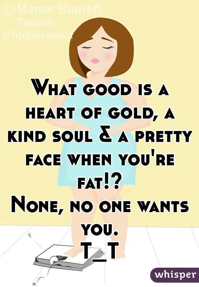What good is a heart of gold, a kind soul & a pretty face when you're fat!? 
None, no one wants you. 
T_T