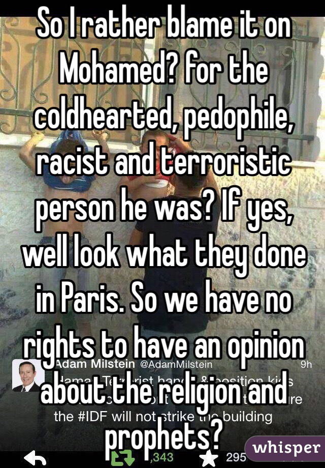 So I rather blame it on Mohamed? for the coldhearted, pedophile, racist and terroristic person he was? If yes, well look what they done in Paris. So we have no rights to have an opinion about the religion and prophets?