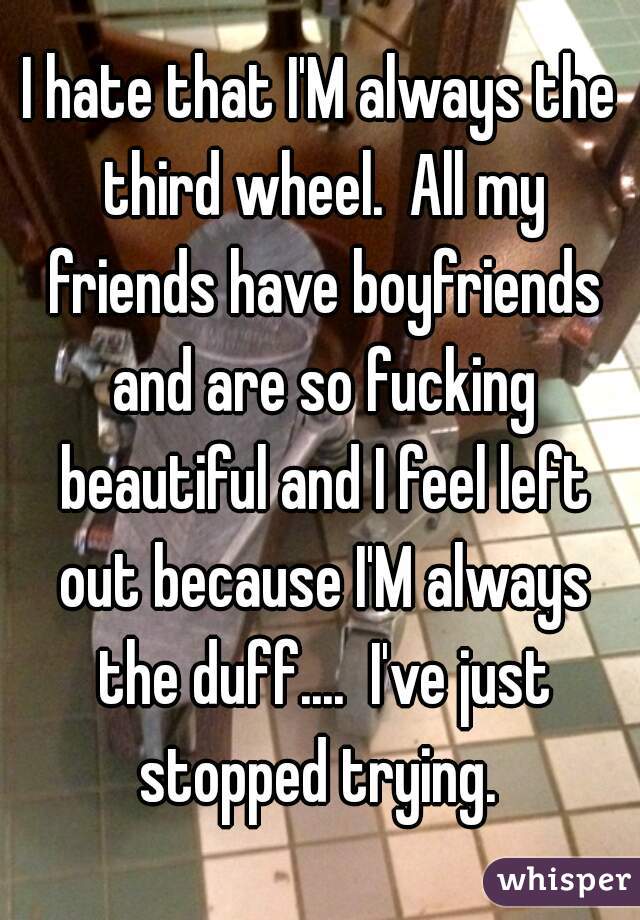 I hate that I'M always the third wheel.  All my friends have boyfriends and are so fucking beautiful and I feel left out because I'M always the duff....  I've just stopped trying. 
