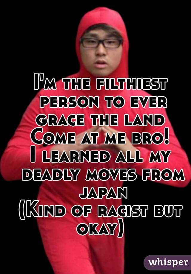 I'm the filthiest person to ever grace the land 
Come at me bro!
I learned all my deadly moves from japan
(Kind of racist but okay) 