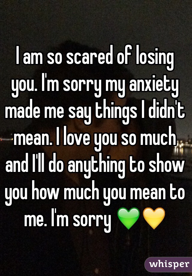 I am so scared of losing you. I'm sorry my anxiety made me say things I didn't mean. I love you so much and I'll do anything to show you how much you mean to me. I'm sorry 💚💛