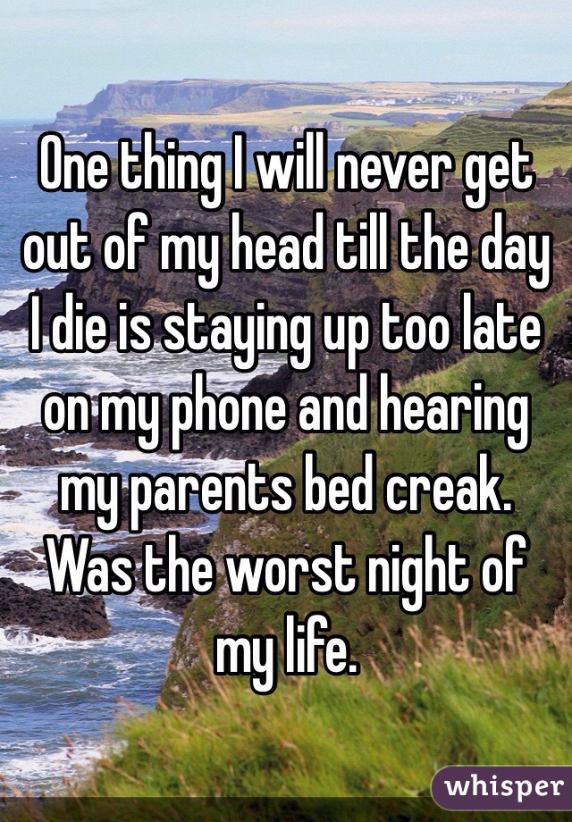 One thing I will never get out of my head till the day I die is staying up too late on my phone and hearing my parents bed creak. Was the worst night of my life. 