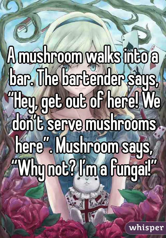 A mushroom walks into a bar. The bartender says, “Hey, get out of here! We don’t serve mushrooms here”. Mushroom says, “Why not? I’m a fungai!”