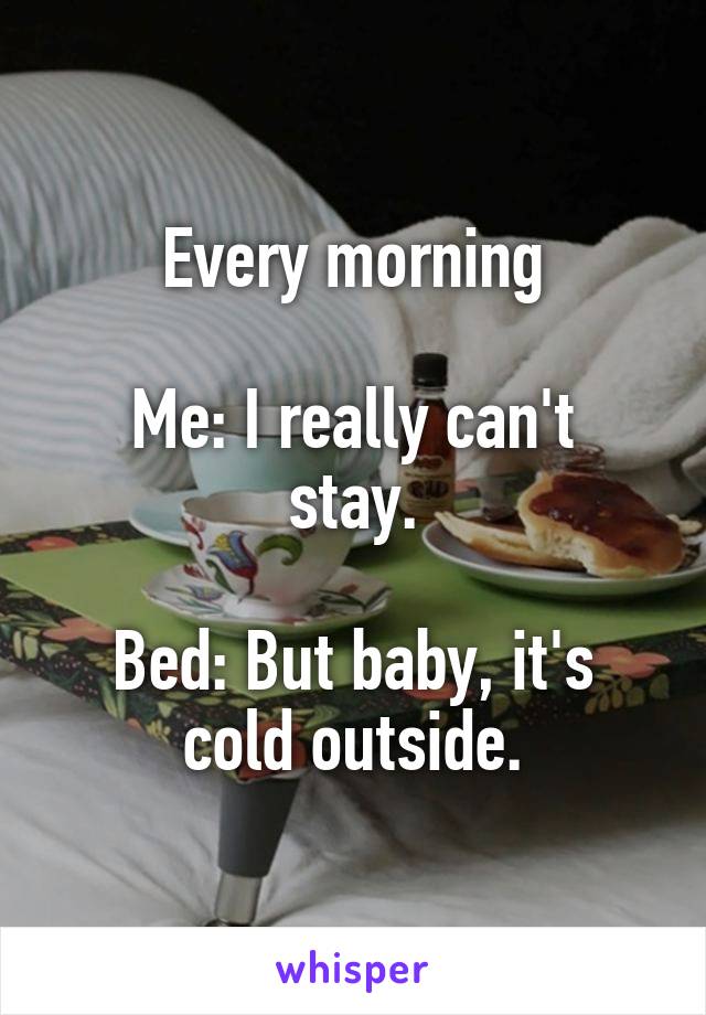 Every morning

Me: I really can't stay.

Bed: But baby, it's cold outside.