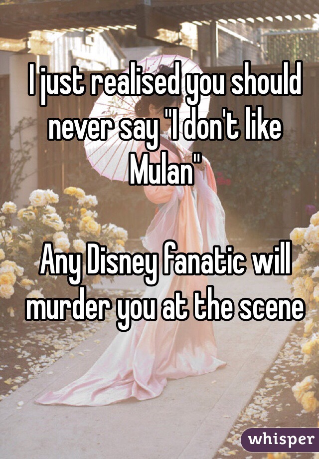 I just realised you should never say "I don't like Mulan"

Any Disney fanatic will murder you at the scene 