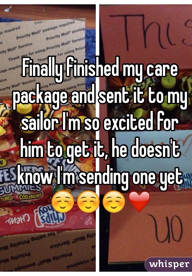 Finally finished my care package and sent it to my sailor I'm so excited for him to get it, he doesn't know I'm sending one yet☺️☺️☺️❤️