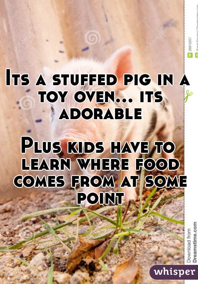 Its a stuffed pig in a toy oven... its adorable

Plus kids have to learn where food comes from at some point