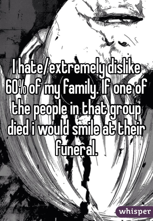 I hate/extremely dislike 60% of my family. If one of the people in that group died i would smile at their funeral.
