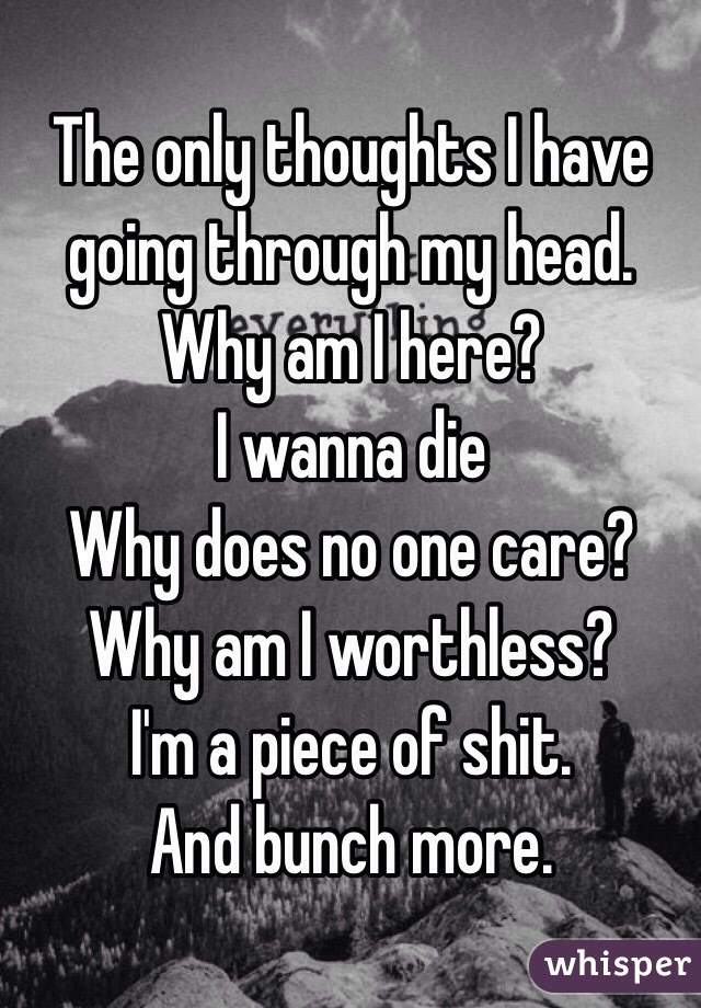 The only thoughts I have going through my head.
Why am I here? 
I wanna die
Why does no one care? 
Why am I worthless?
I'm a piece of shit. 
And bunch more. 