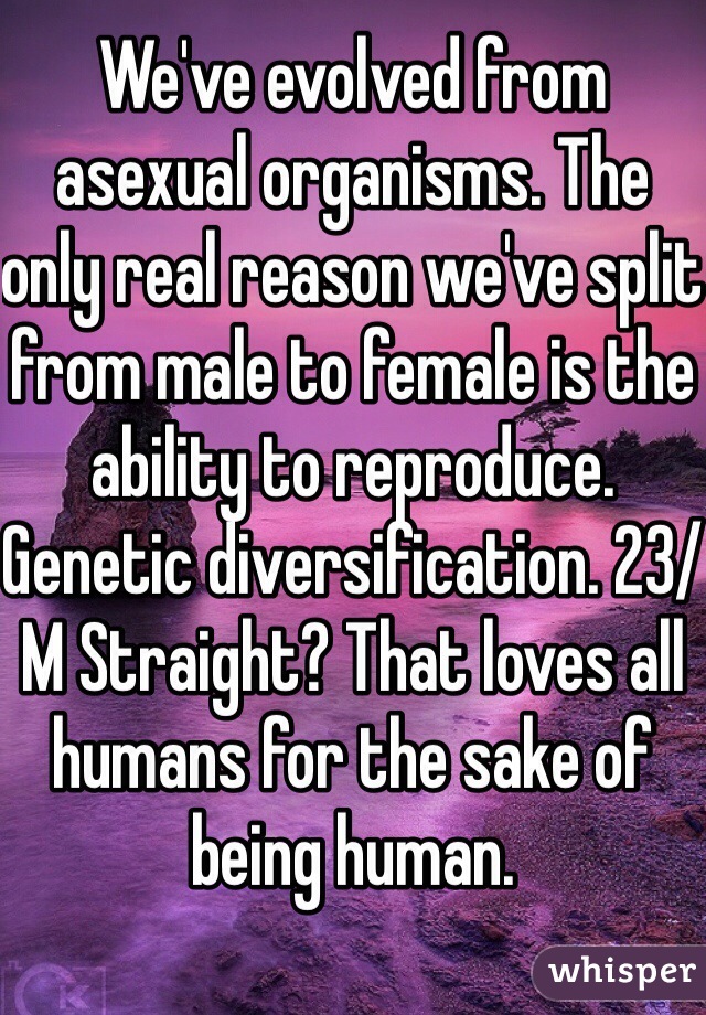 We've evolved from asexual organisms. The only real reason we've split from male to female is the ability to reproduce. Genetic diversification. 23/M Straight? That loves all humans for the sake of being human. 