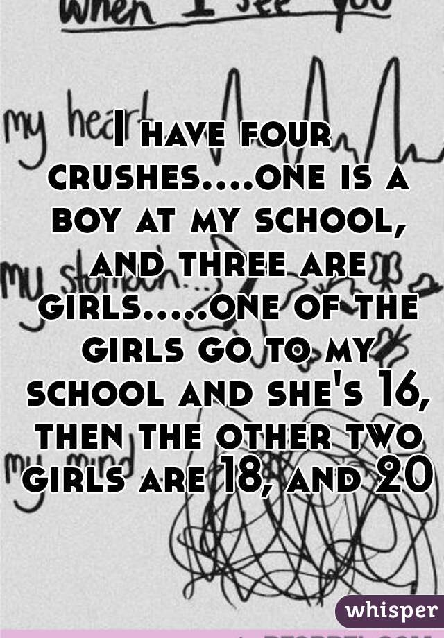 I have four crushes....one is a boy at my school, and three are girls.....one of the girls go to my school and she's 16, then the other two girls are 18, and 20