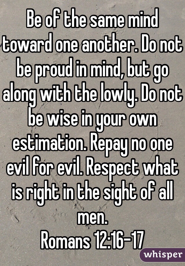 Be of the same mind toward one another. Do not be proud in mind, but go along with the lowly. Do not be wise in your own estimation. Repay no one evil for evil. Respect what is right in the sight of all men.
Romans 12:16-17