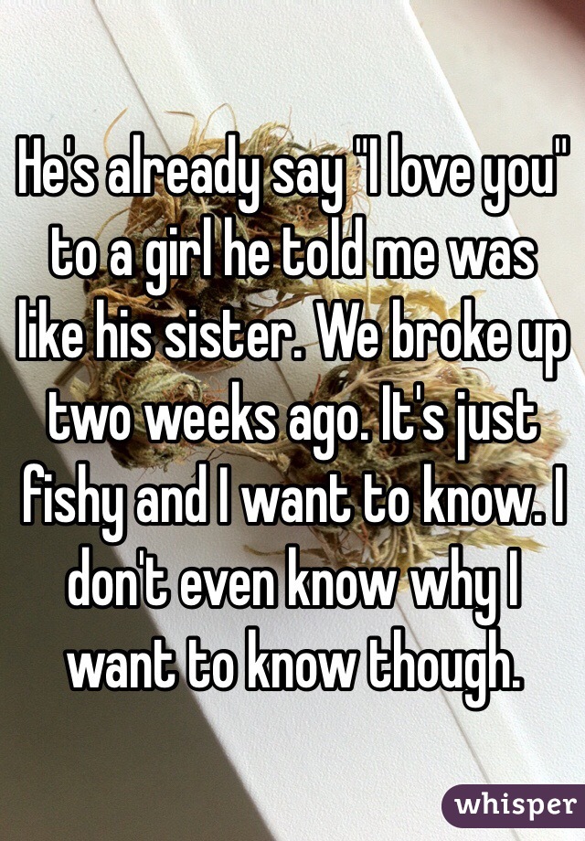 He's already say "I love you" to a girl he told me was like his sister. We broke up two weeks ago. It's just fishy and I want to know. I don't even know why I want to know though. 