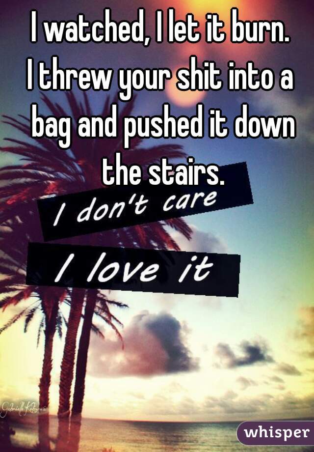 I watched, I let it burn.
I threw your shit into a bag and pushed it down the stairs.