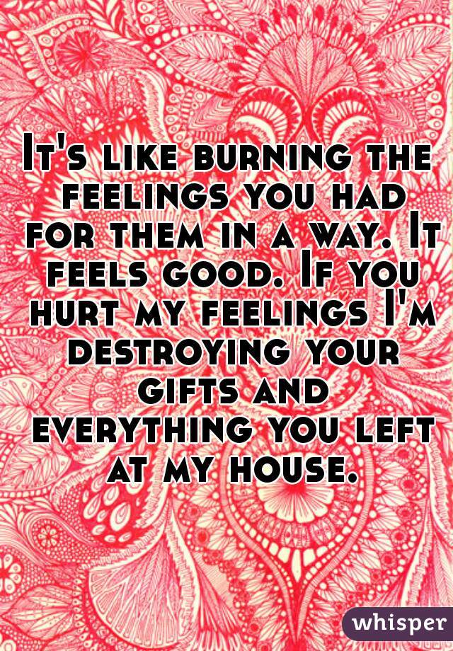 It's like burning the feelings you had for them in a way. It feels good. If you hurt my feelings I'm destroying your gifts and everything you left at my house.