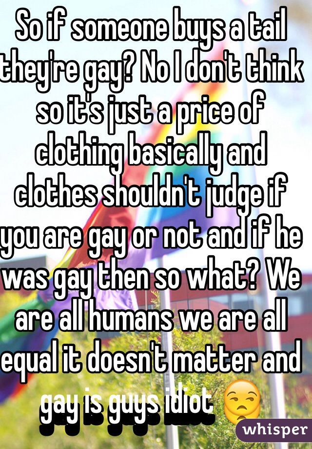 So if someone buys a tail they're gay? No I don't think so it's just a price of clothing basically and clothes shouldn't judge if you are gay or not and if he was gay then so what? We are all humans we are all equal it doesn't matter and gay is guys idiot 😒