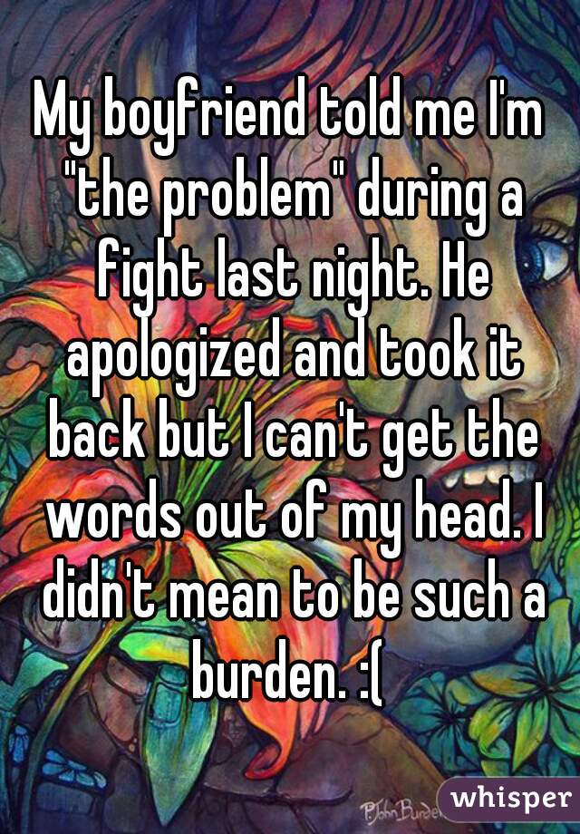 My boyfriend told me I'm "the problem" during a fight last night. He apologized and took it back but I can't get the words out of my head. I didn't mean to be such a burden. :( 