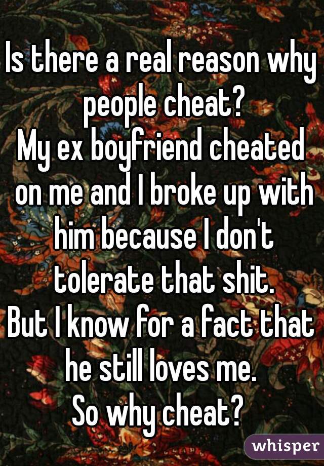 Is there a real reason why people cheat?
My ex boyfriend cheated on me and I broke up with him because I don't tolerate that shit.
But I know for a fact that he still loves me. 
So why cheat? 