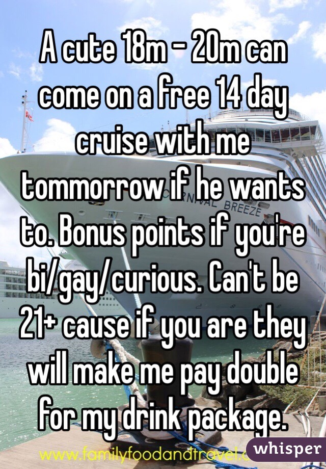 A cute 18m - 20m can come on a free 14 day cruise with me tommorrow if he wants to. Bonus points if you're bi/gay/curious. Can't be 21+ cause if you are they will make me pay double for my drink package. 