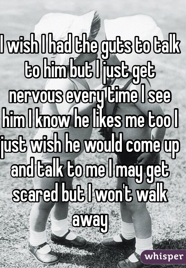I wish I had the guts to talk to him but I just get nervous every time I see him I know he likes me too I just wish he would come up and talk to me I may get scared but I won't walk away 
