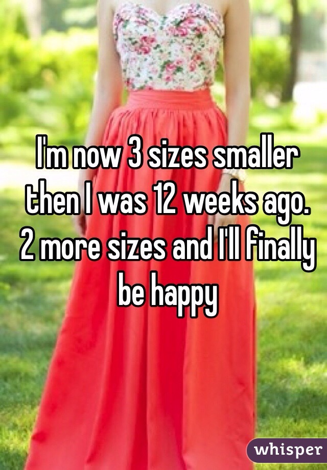 I'm now 3 sizes smaller then I was 12 weeks ago. 
2 more sizes and I'll finally be happy 