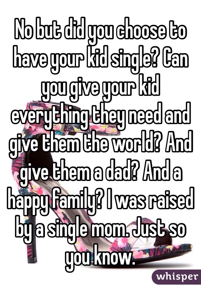 No but did you choose to have your kid single? Can you give your kid everything they need and give them the world? And give them a dad? And a happy family? I was raised by a single mom. Just so you know. 