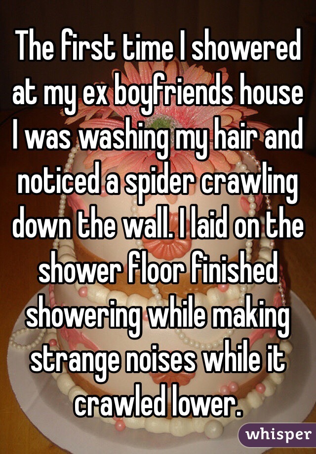 The first time I showered at my ex boyfriends house I was washing my hair and noticed a spider crawling down the wall. I laid on the shower floor finished showering while making strange noises while it crawled lower. 