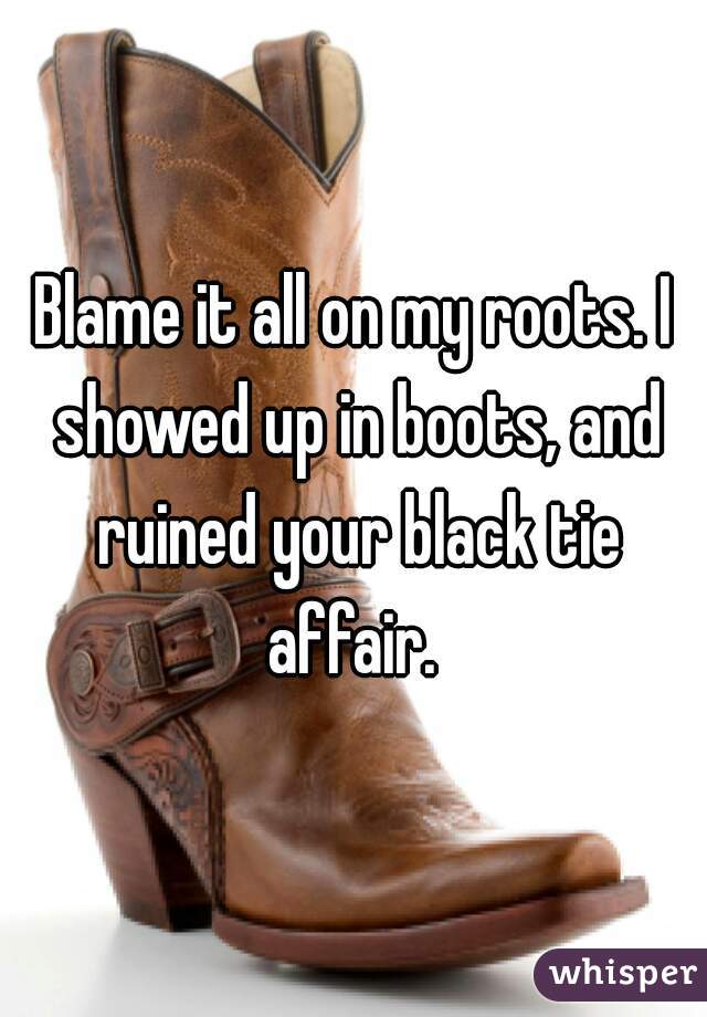 Blame it all on my roots. I showed up in boots, and ruined your black tie affair. 