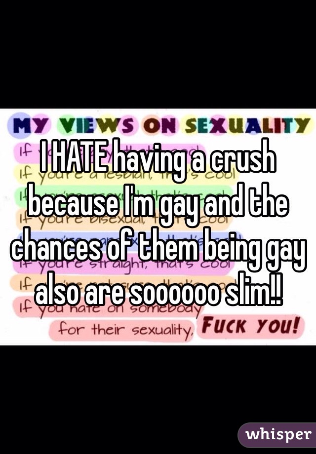I HATE having a crush because I'm gay and the chances of them being gay also are soooooo slim!!