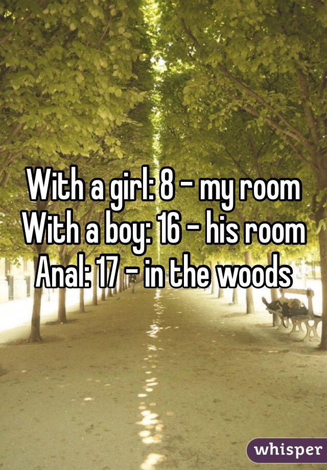 With a girl: 8 - my room
With a boy: 16 - his room
Anal: 17 - in the woods